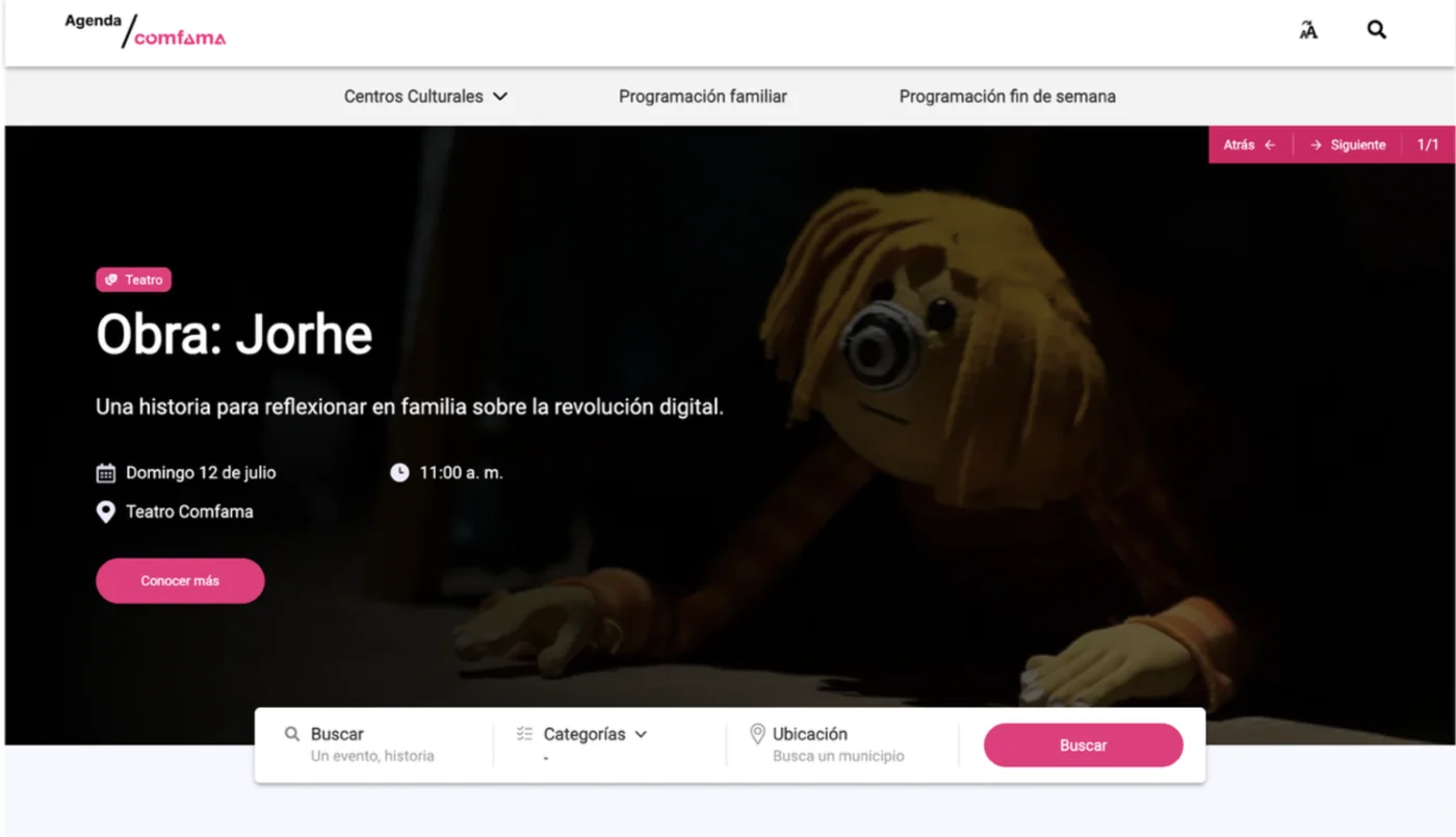 A Comfama event page for a theater play, powered by Eventtia
