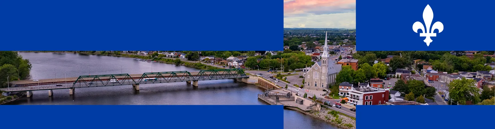 Aerial views of a Quebec town on a Québec-flag banner promoting immigration to the regions