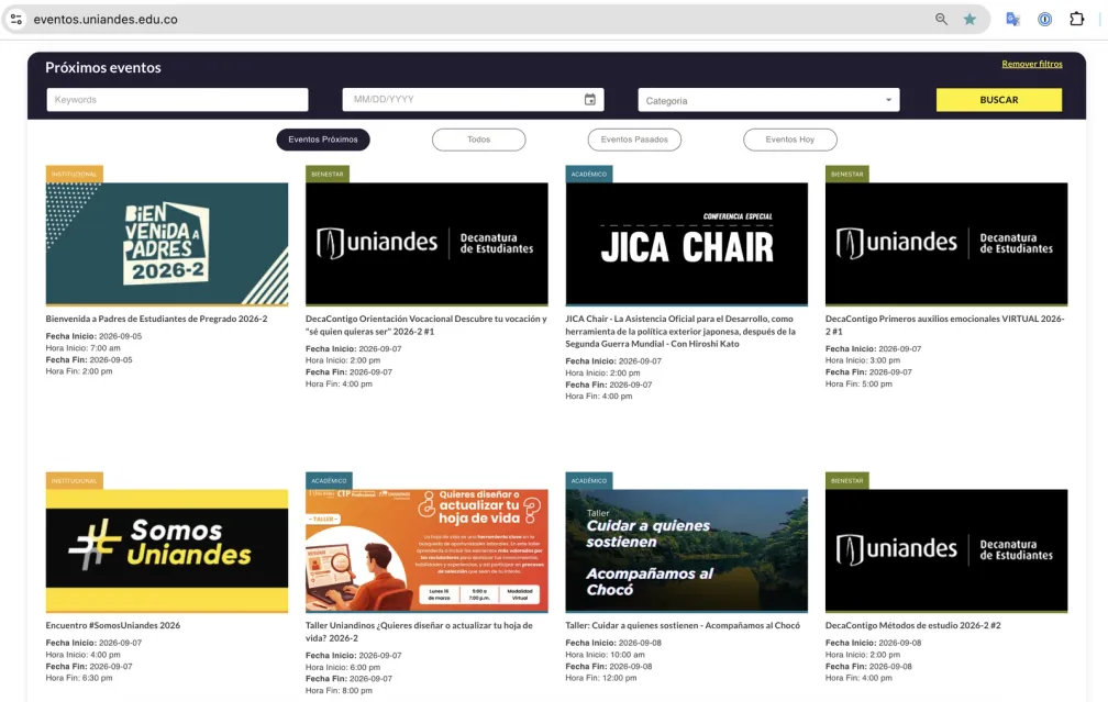 The Universidad de los Andes event portal listing upcoming events by category