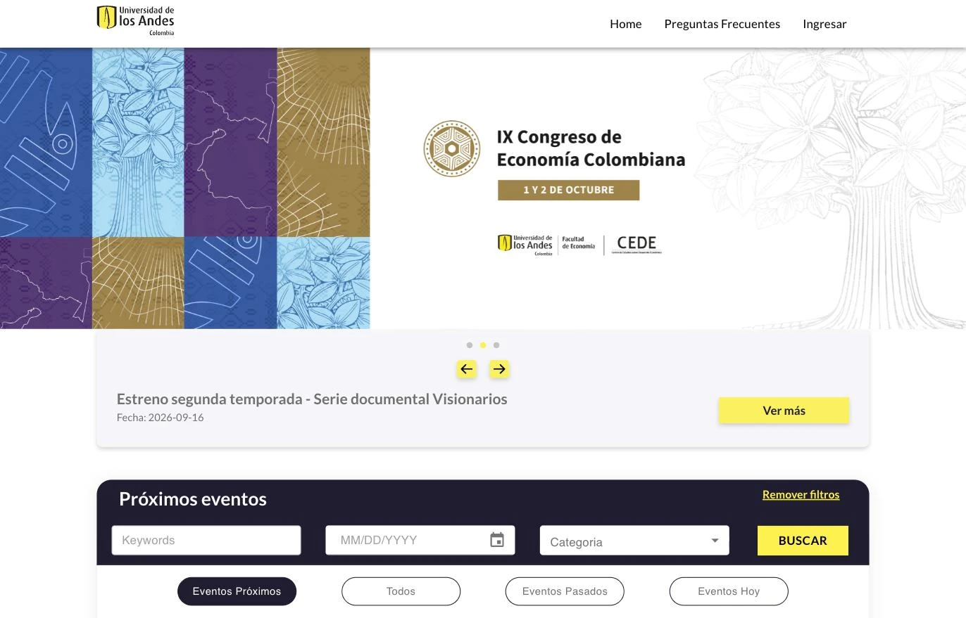 The Universidad de los Andes event portal, with a featured event promoted on the homepage