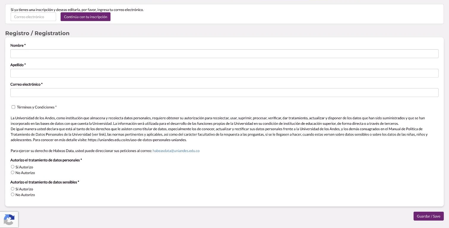 A Universidad de los Andes registration form with terms and data consent fields